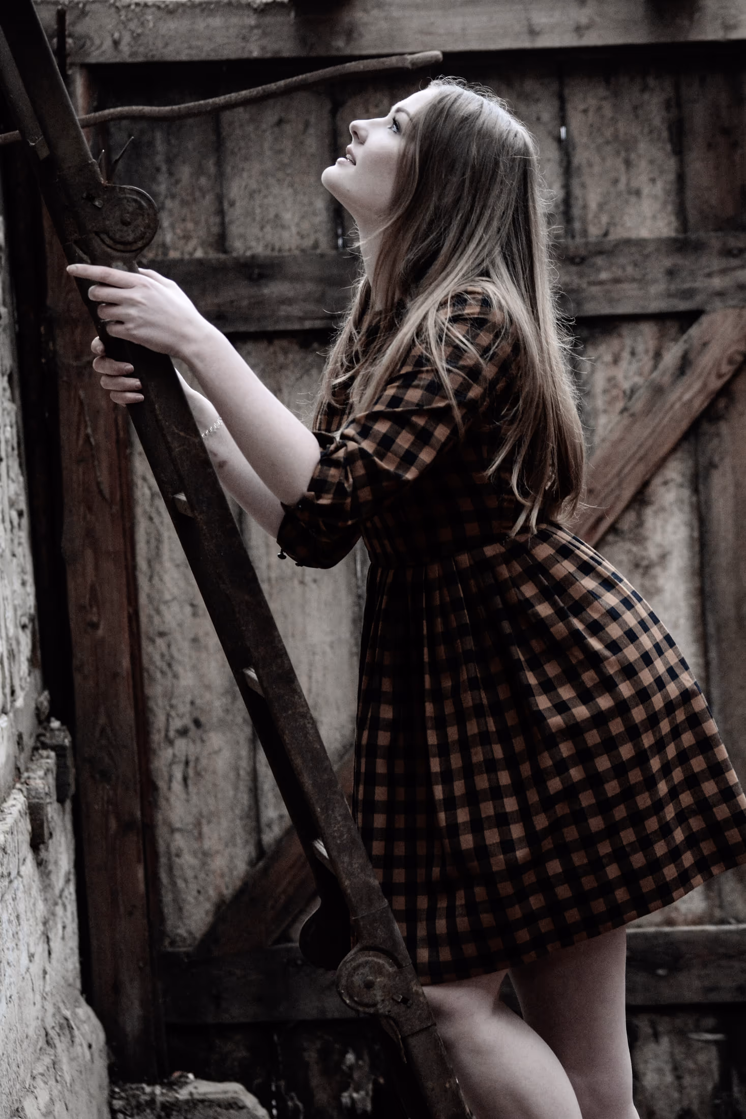 Mädchen im karierten Kleid an einem alten Holzgatter