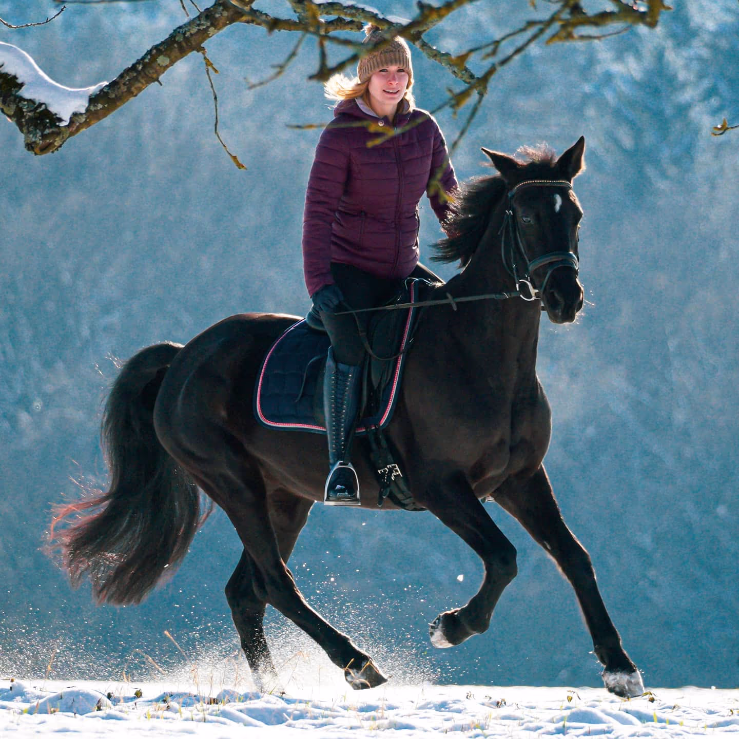 Reiterin im Galopp durch tiefen Schnee